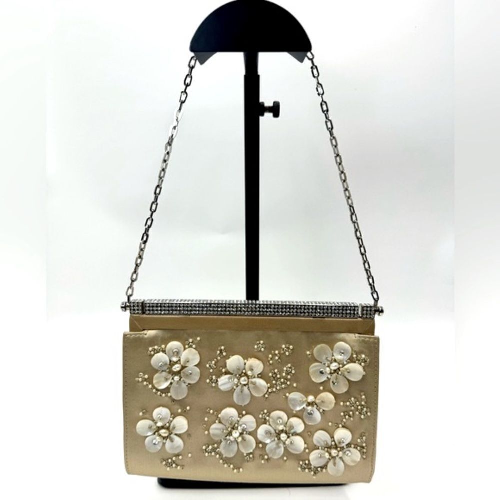 Auth Valentino Silk Floral Embroidered Crystal Framed Clutch Chain Evening Bag